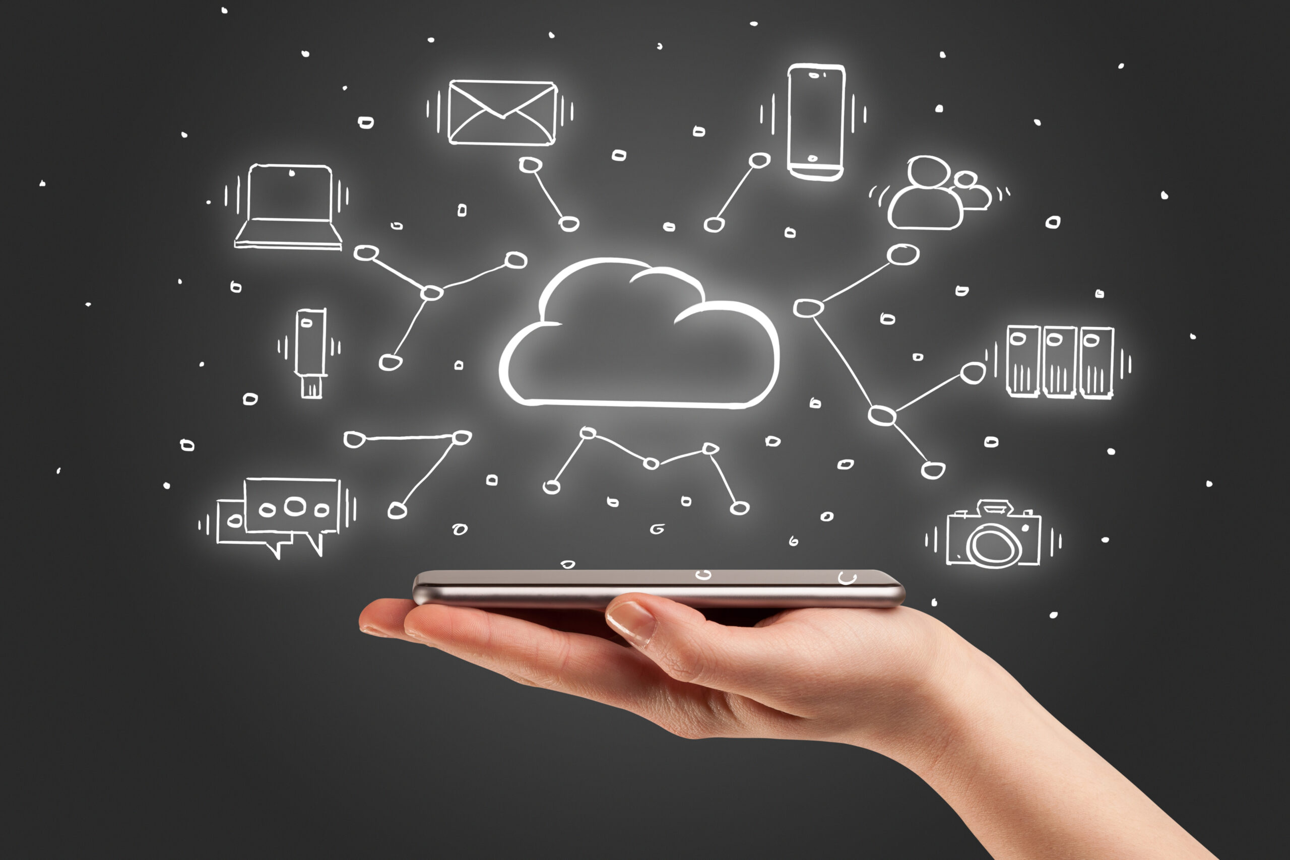 Hand working on phone with cloud technology system concept