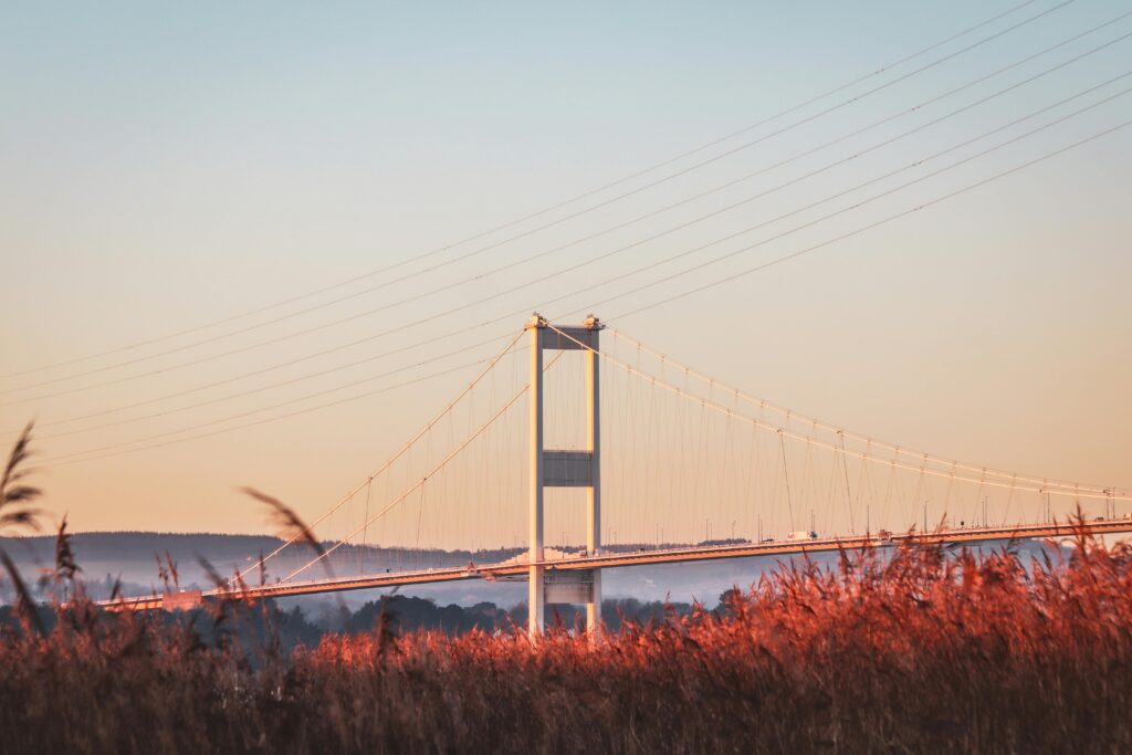 A photo at the Severn Bridge at sunset.