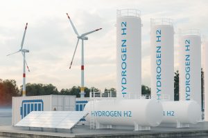 Energy Storage System With Hydrogen Storage Compartment, Wind Turbines, Solar Panels And Li-ion Battery Container